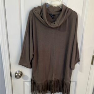 NWOT Chic Taupe Cowl Neck Poncho with Leather Fringes